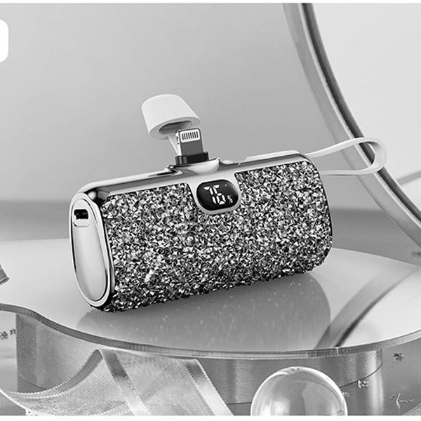 Asli Global 5000mAh PowerPod Luxe Lightning Mini Diamond PowerBank with Built in Type-C Cable | Silver Asli Global 5000mAh PowerPod Luxe Lightning Mini Diamond PowerBank with Built in Type-C Cable | Silver